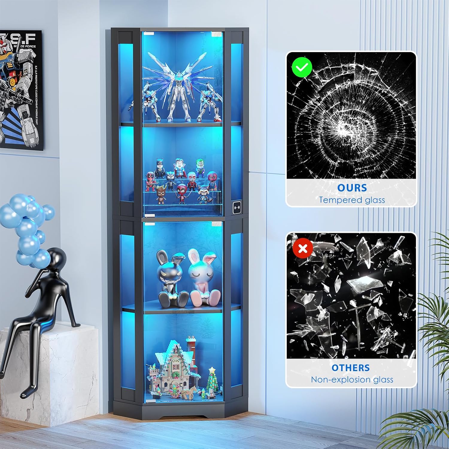 BROTTAR 65" Corner Glass Display Cabinet with LED Lights, 4-Tier Showcase Display Case with Glass Doors & Human Body Sensor for Collectibles, Liquor, Black