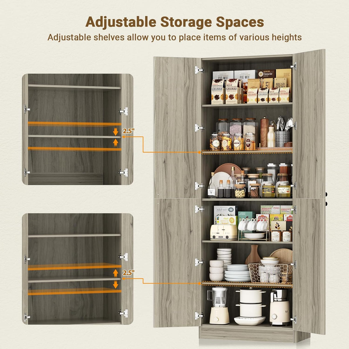 Cyclysio 80" Kitchen Pantry Cabinet with 3 Drawers, 47" Wide Arched Kitchen Storage Cabinets with 3-Tier Open Shelves, Wood Floor Cupboard with Seamless Fit Wall for Living Room, Kitchen, Bathroom