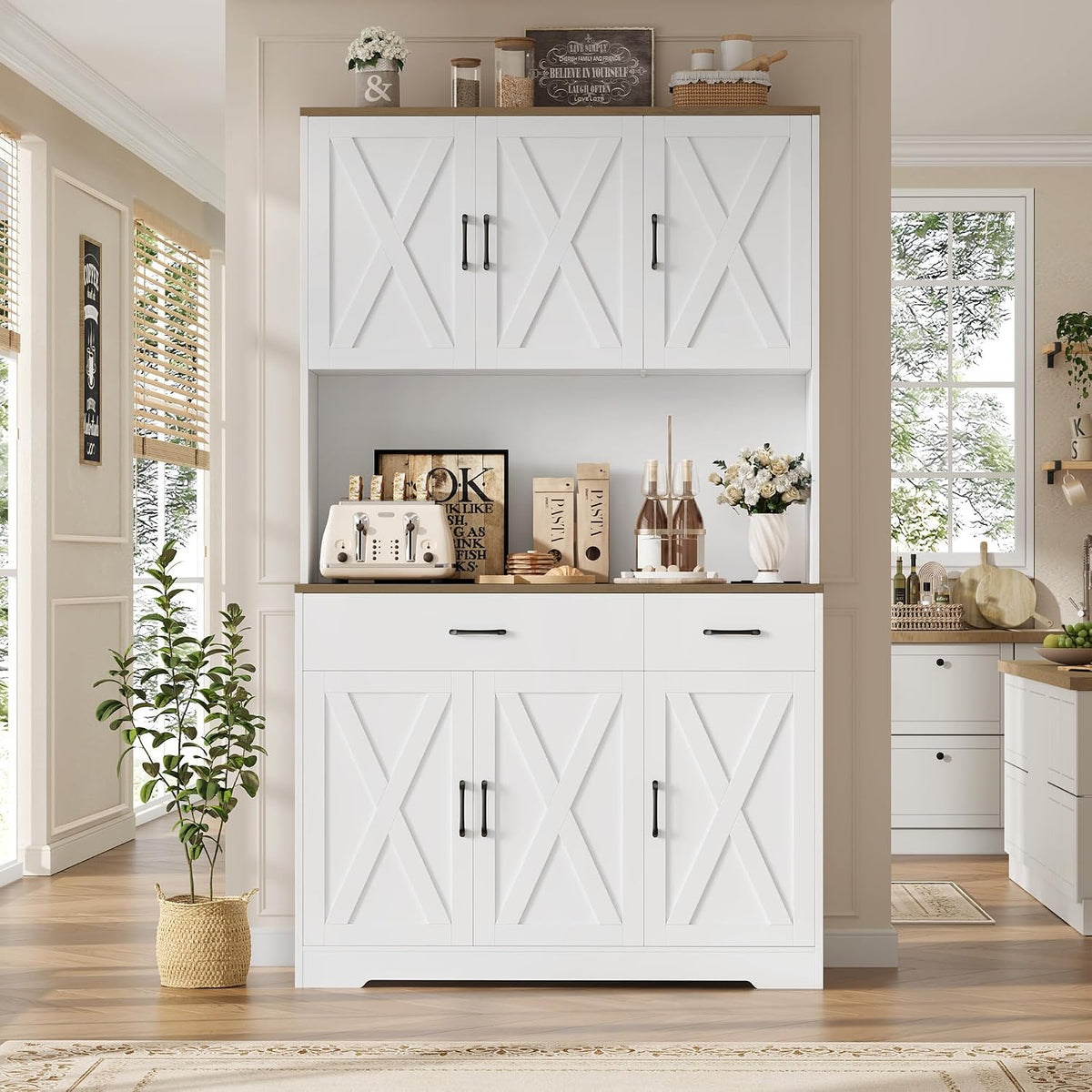HOSTACK 71"H Kitchen Pantry Storage Cabinet, Farmhouse Hutch Cabinet, White | Space-Saving Pantry Cabinet with Charging Station & 2 Large Drawers & Adjustable Shelves, Tall Kitchen Hutch, Dining Room