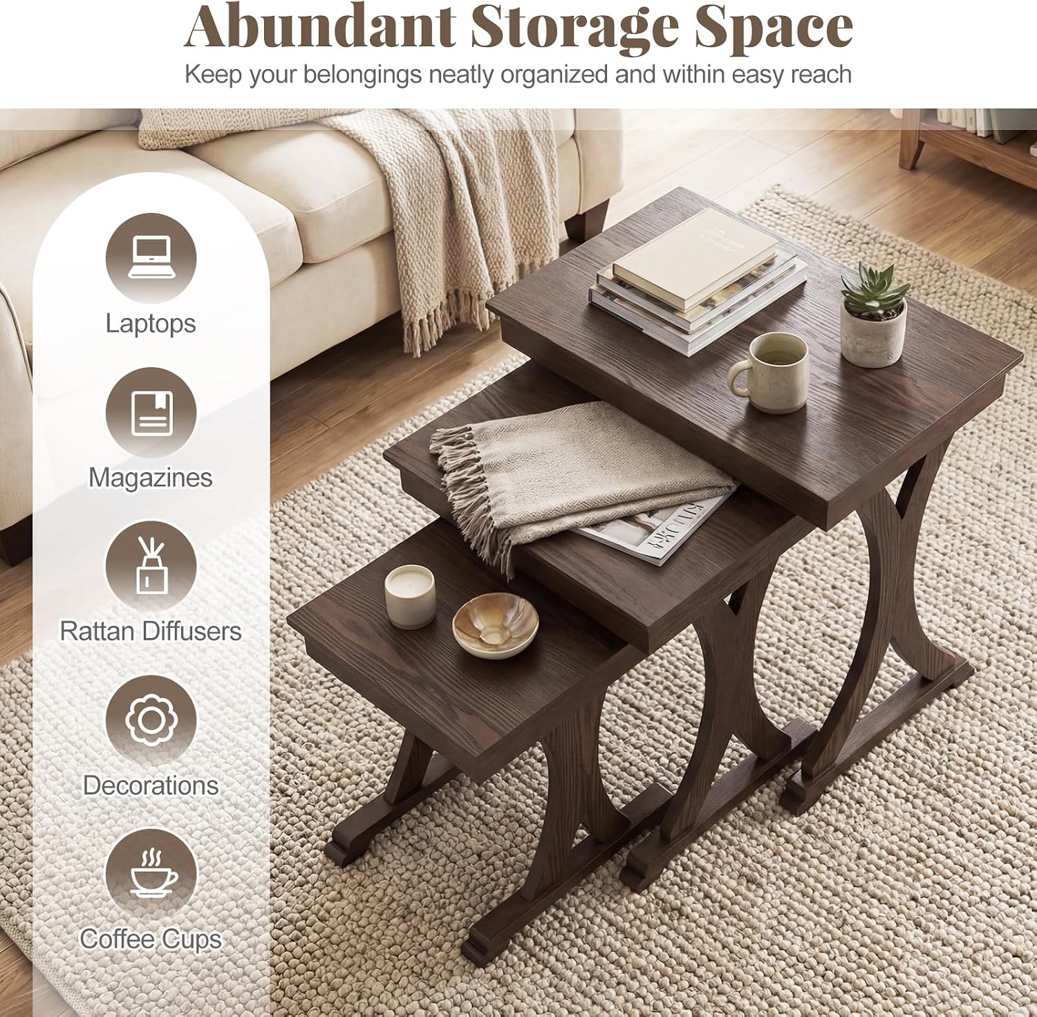GIANTEX Nesting Coffee Table Set-of-3 - Stackable Rectangular Sofa End Side Table w/Solid Rubber Wood Legs, Vintage Farmhouse Night Stand for Bedroom Living Room Home Office Small Spaces