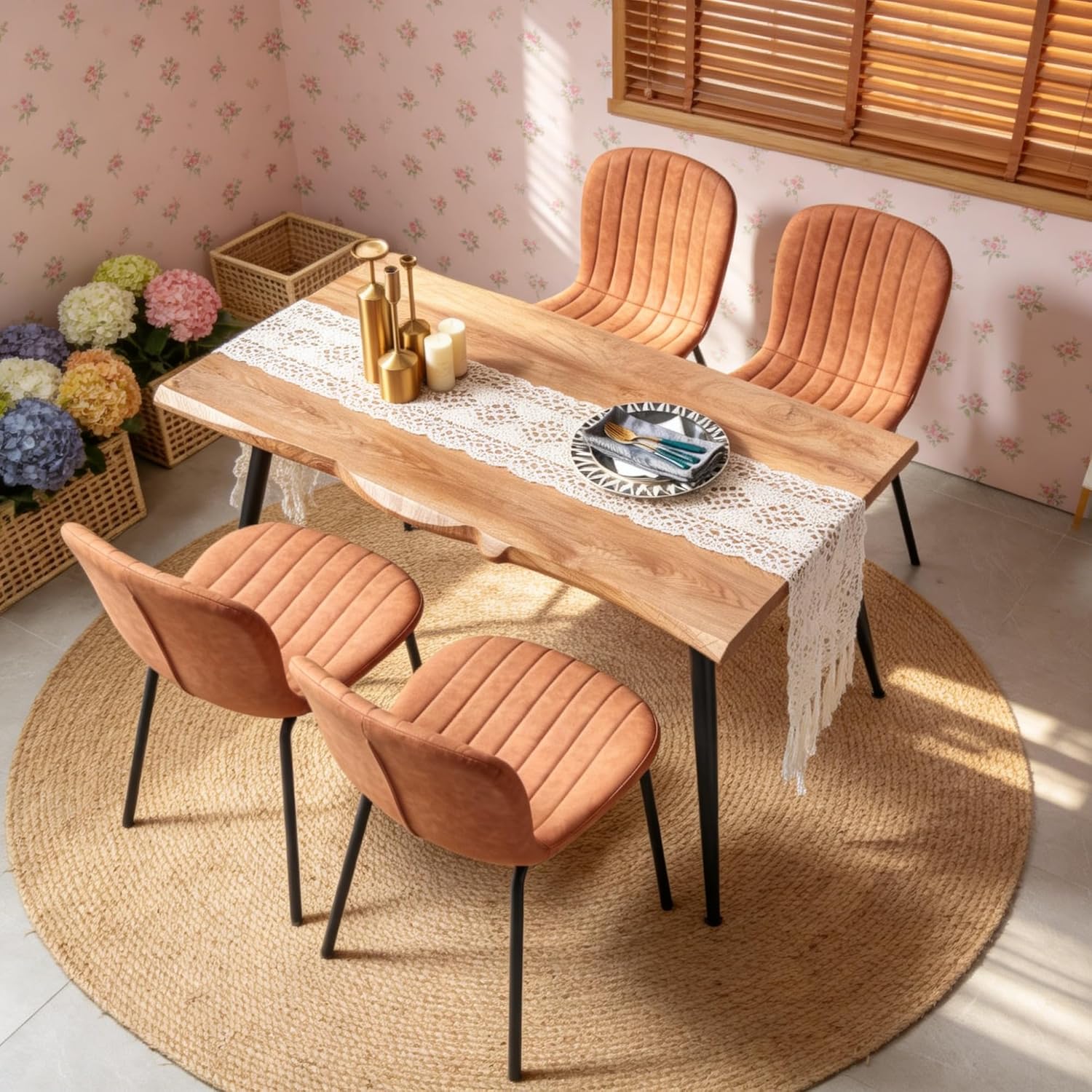 Dining Table Set for 4 with Brown PU Leather Chairs, Mid-Century Modern Rectangle Coffee Table,Kitchen Table and Chairs Set of 4, Perfect for Small Apartment, Home, Dining Room, Breakfast Nook