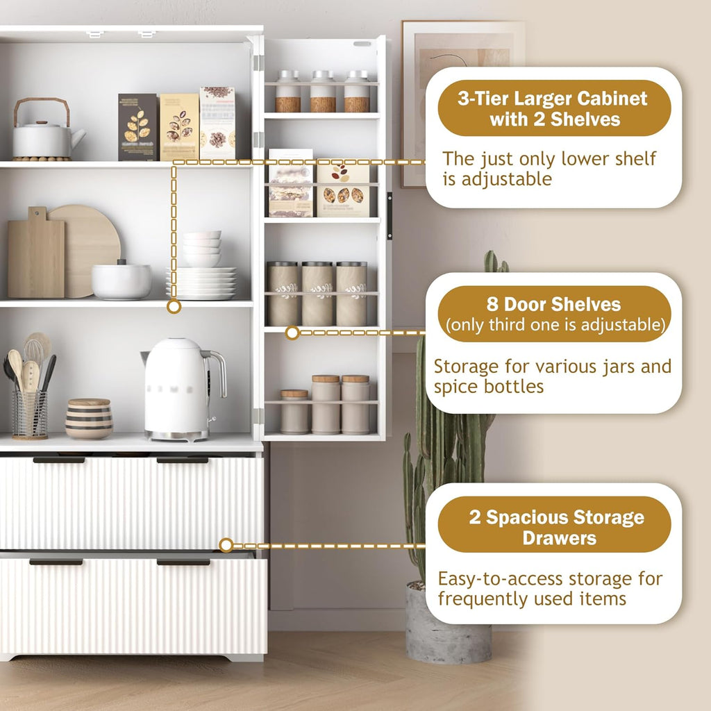roomfitters 72" Tall Fluted Kitchen Pantry Cabinet with 2 Large Deep Drawers & 8 Door Spice Racks, White