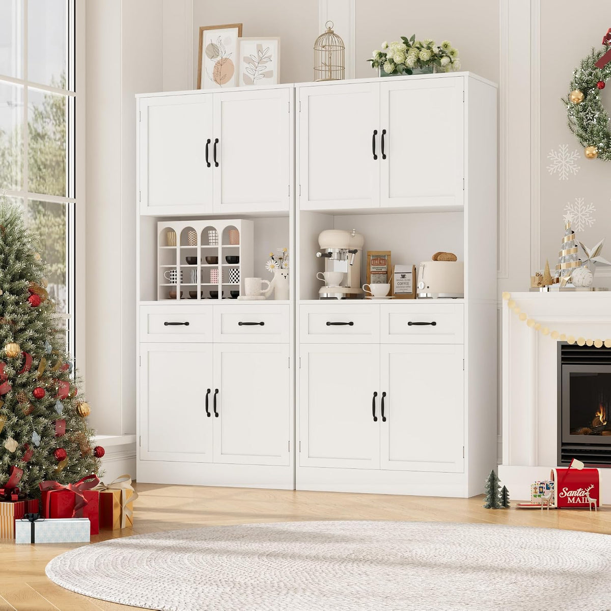 HOSTACK 71" Tall Kitchen Pantry Storage Cabinet, Wood Kitchen Hutch, White | Modern Pantry Cabinet with Microwave Stand, Hutch Cabinet with Countertop & Drawers, Storage Cabinet for Living Room