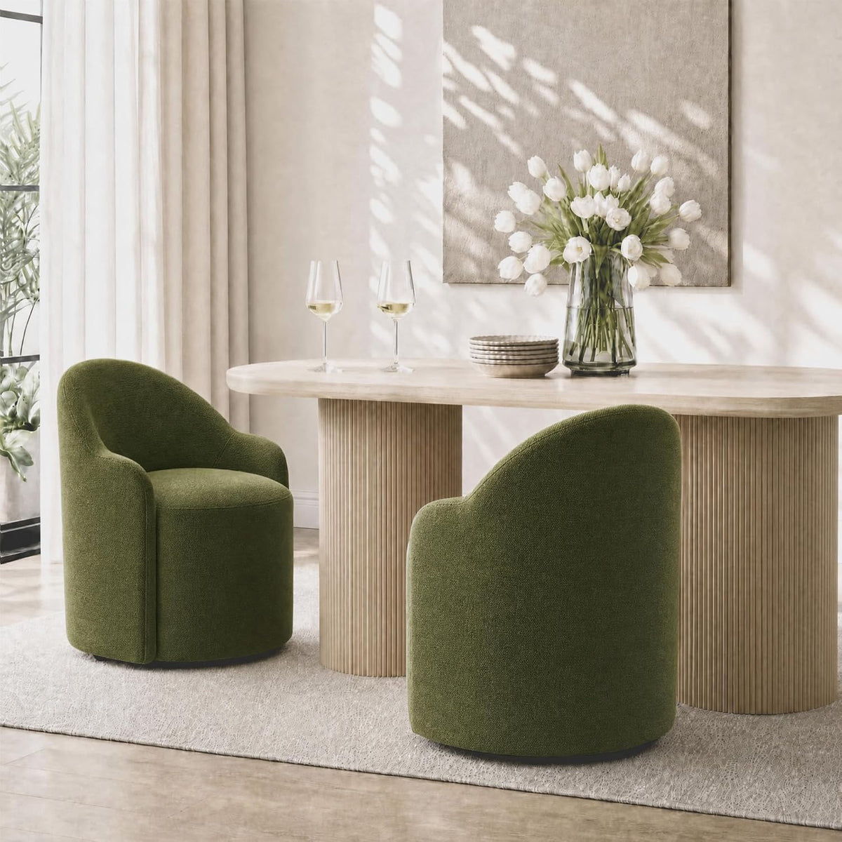 KISLOT Upholstered Dining Chairs Set of 4 with Caster, Pre-Assembled, Green | Modern Dining Room Chairs with Wheels, Rolling Vanity Chair with Round Backrest for Kitchen, Bedroom, Dressing, Linen Fabric