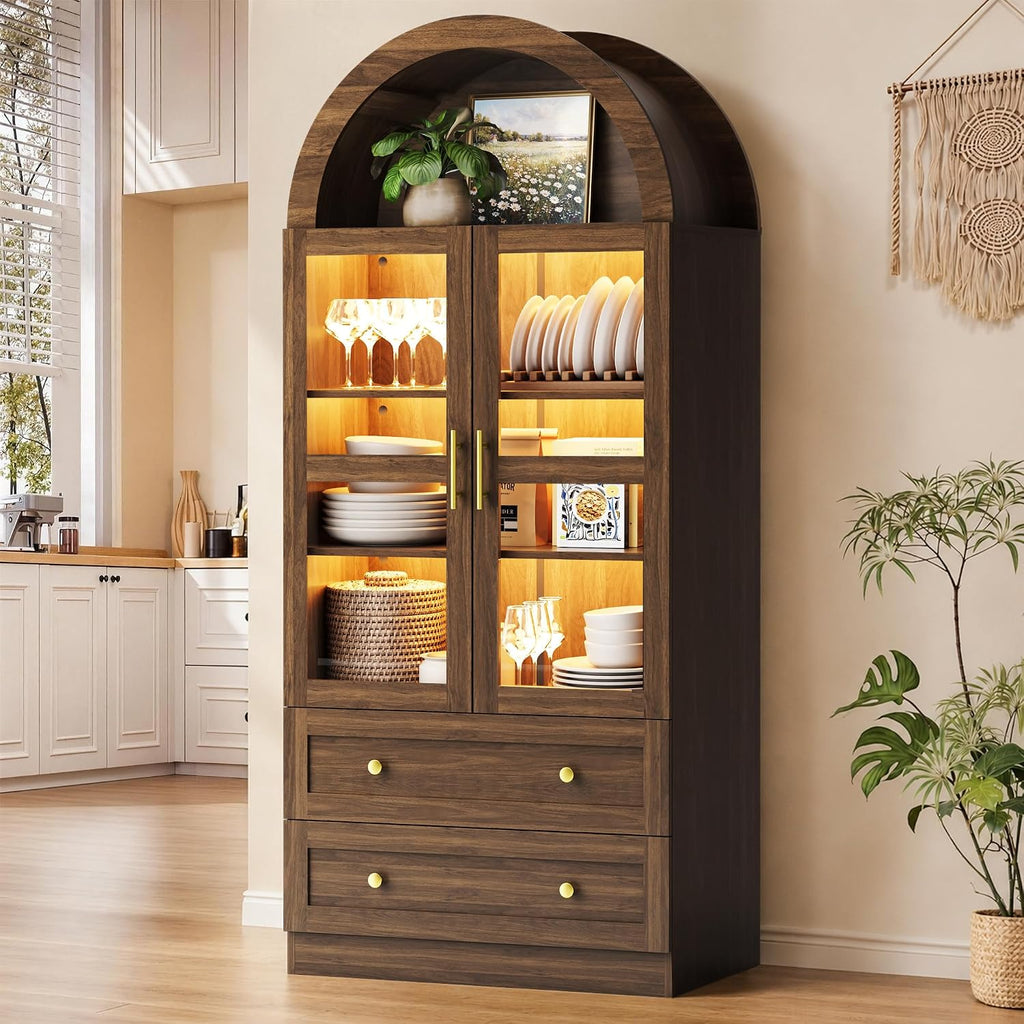 Pamapic Arched Kitchen Pantry Cabinet, 71" Tall Arched Cabinet with LED Light & Glass Doors, Farmhouse Kitchen Storage Cabinet with 2 Large Drawers, Wooden Pantry for Dining Room, Living Room (Brown)