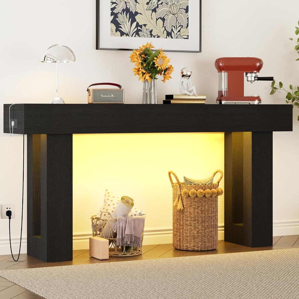 Depeht 63" Long Console Table with Power Outlet LED Lights, Wooden Farmhouse Sofa Behind Couch Table with Storage, Large Industrial Hallway Accent Furniture for Living Room, Entryway, Hallway (Black)