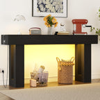 Depeht 63" Long Console Table with Power Outlet LED Lights, Wooden Farmhouse Sofa Behind Couch Table with Storage, Large Industrial Hallway Accent Furniture for Living Room, Entryway, Hallway (Black)