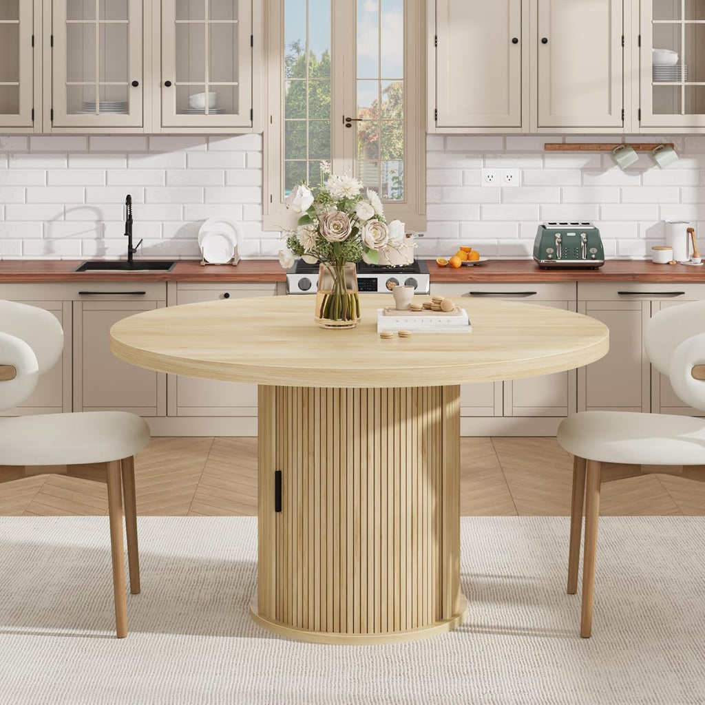 IDEALHOUSE 47" Round Dining Table for 4-6, Modern Farmhouse Kitchen Table with 2-Layer Storage Shelf & Drawer, Wooden Circle Dining Tables with Fluted Pedestal Base, Natural