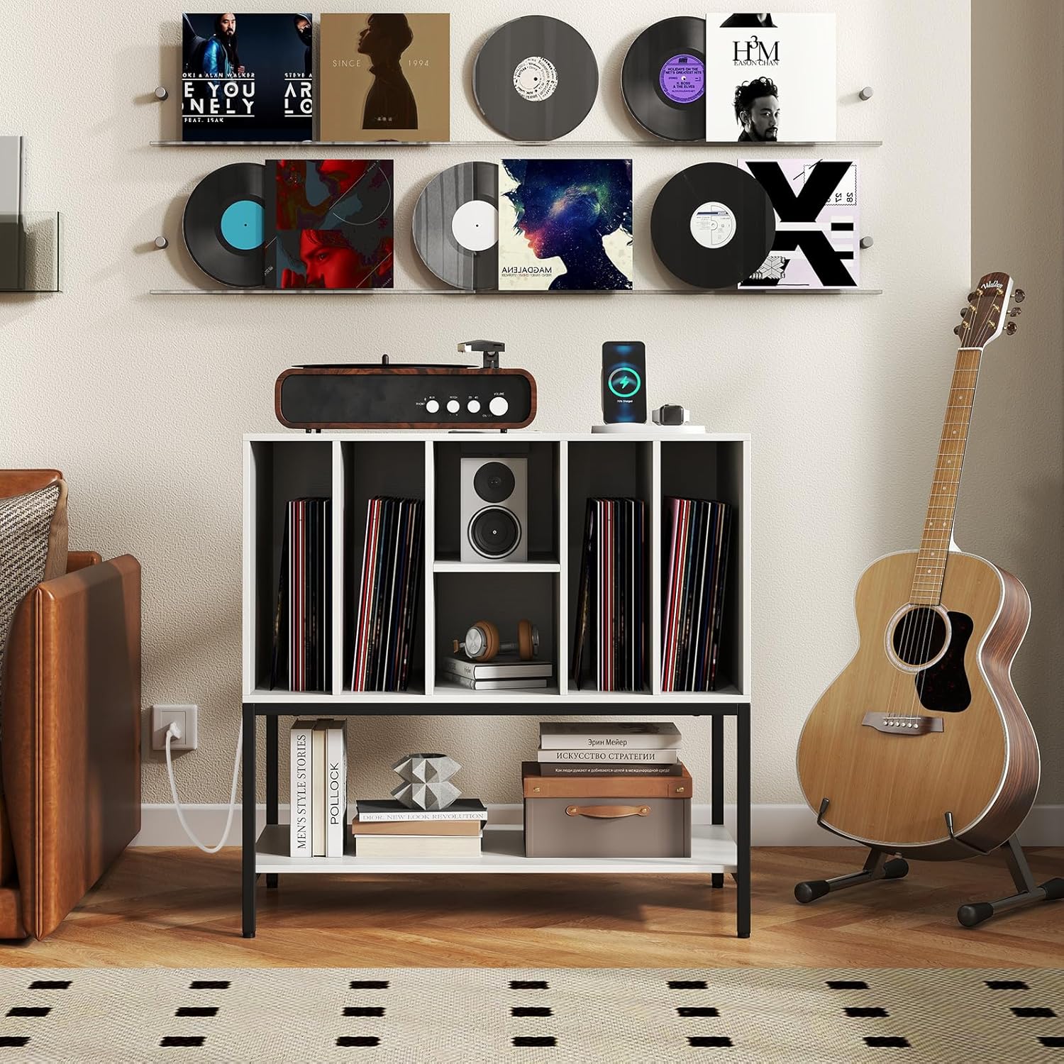 LOKO Record Player Stand with Charging Station, Turntable Stand with Vinyl Storage Holder, Record Storage Table with Metal Frame, Vinyl Display Shelf for Living Room, Music Room (White)
