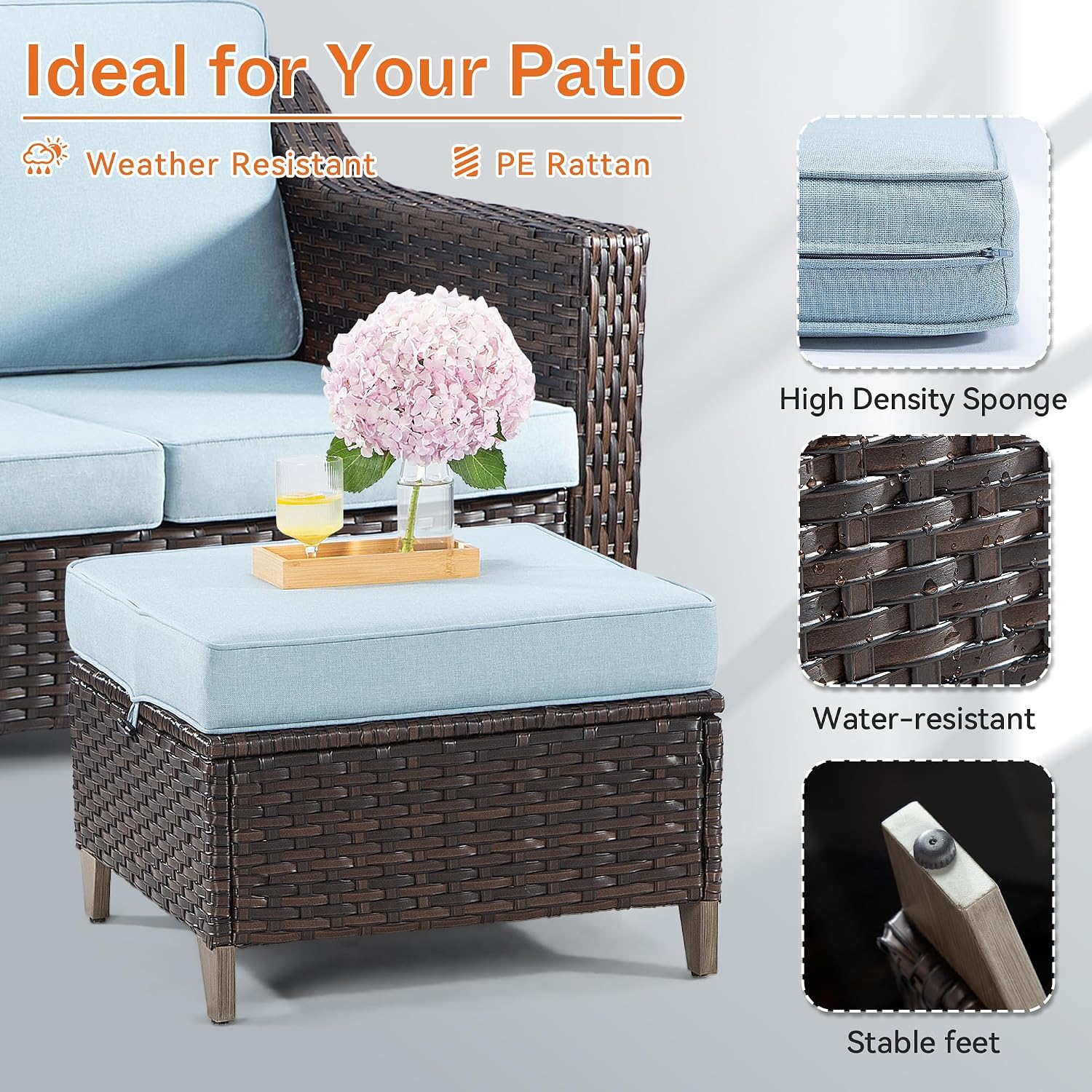 Patio Ottoman Set of 2, All Weather Outdoor Rattan Ottomans Patio Footstools with Removable Cushions for Garden Backyard Porch(Brown/Azure)