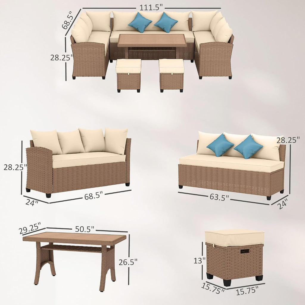 6-Piece PE Rattan Patio Set: 3 Sofas, 2 Ottomans, Coffee Table, Khaki Cushions & Blue Pillows, Steel FFor rame, All-Weather