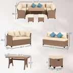6-Piece PE Rattan Patio Set: 3 Sofas, 2 Ottomans, Coffee Table, Khaki Cushions & Blue Pillows, Steel FFor rame, All-Weather
