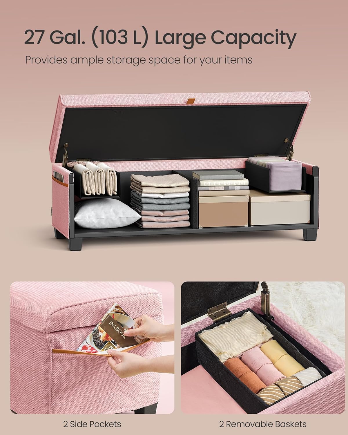SONGMICS Storage Ottoman, 15.8 x 43.3 x 15.8 Inches, 27 Gal. (103 L) | Bench with Legs, Chenille Fabric, for Living Room, Entryway, Pink, RYEN Collection ULSF533R01
