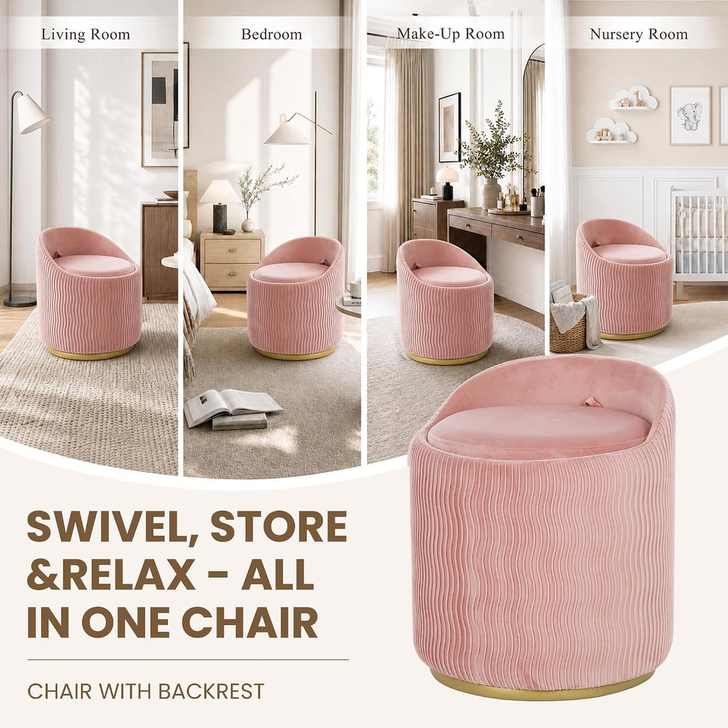 Vanity Chair with Storage Set of 2, 360° Swivel Velvet Makeup Chair with Wave Backrest, Modern Upholstered Round Accent Chair, No Assembly Vanity Stool for Bedroom, Dressing Room & Living Room, Pink