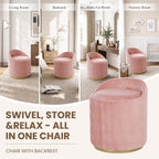 Vanity Chair with Storage Set of 2, 360° Swivel Velvet Makeup Chair with Wave Backrest, Modern Upholstered Round Accent Chair, No Assembly Vanity Stool for Bedroom, Dressing Room & Living Room, Pink