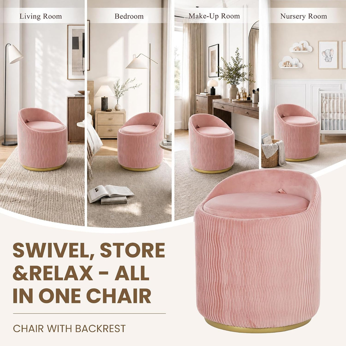 Vanity Chair with Storage Set of 2, 360° Swivel Velvet Makeup Chair with Wave Backrest, Modern Upholstered Round Accent Chair, No Assembly Vanity Stool for Bedroom, Dressing Room & Living Room, Pink