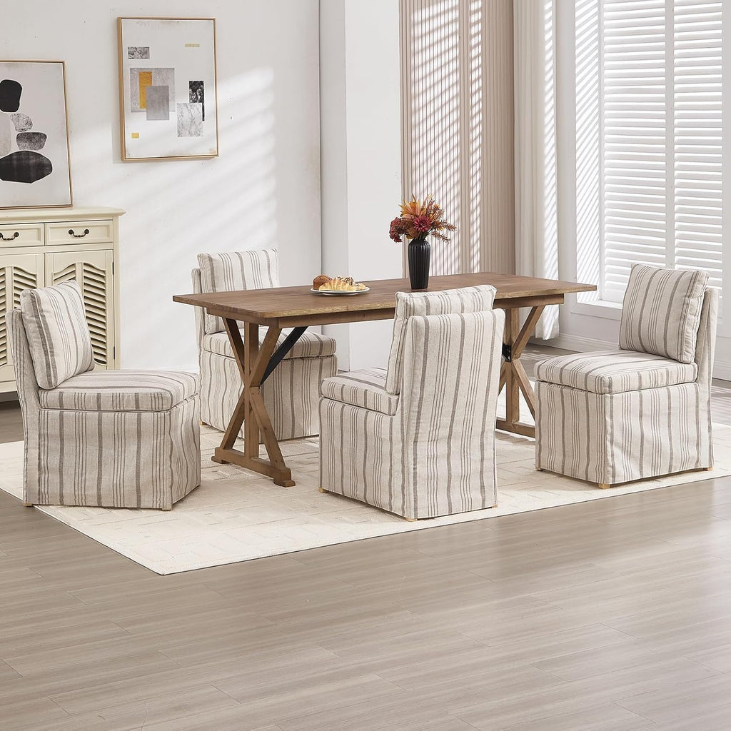 Upholstered Dining Chairs Set of 2 Slipcovered Armless Dining Chair with Solid Wood Legs, Soft Padded Upholstered Side Chair for Dining/Living/Readin Room, Banquet, Khaki Stripe