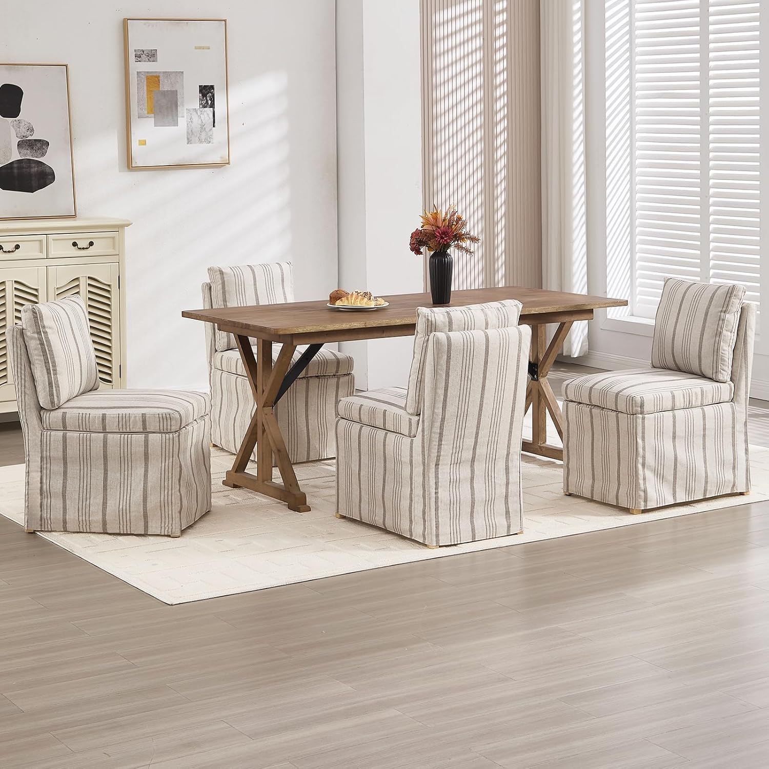 Upholstered Dining Chairs Set of 2 Slipcovered Armless Dining Chair with Solid Wood Legs, Soft Padded Upholstered Side Chair for Dining/Living/Readin Room, Banquet, Khaki Stripe