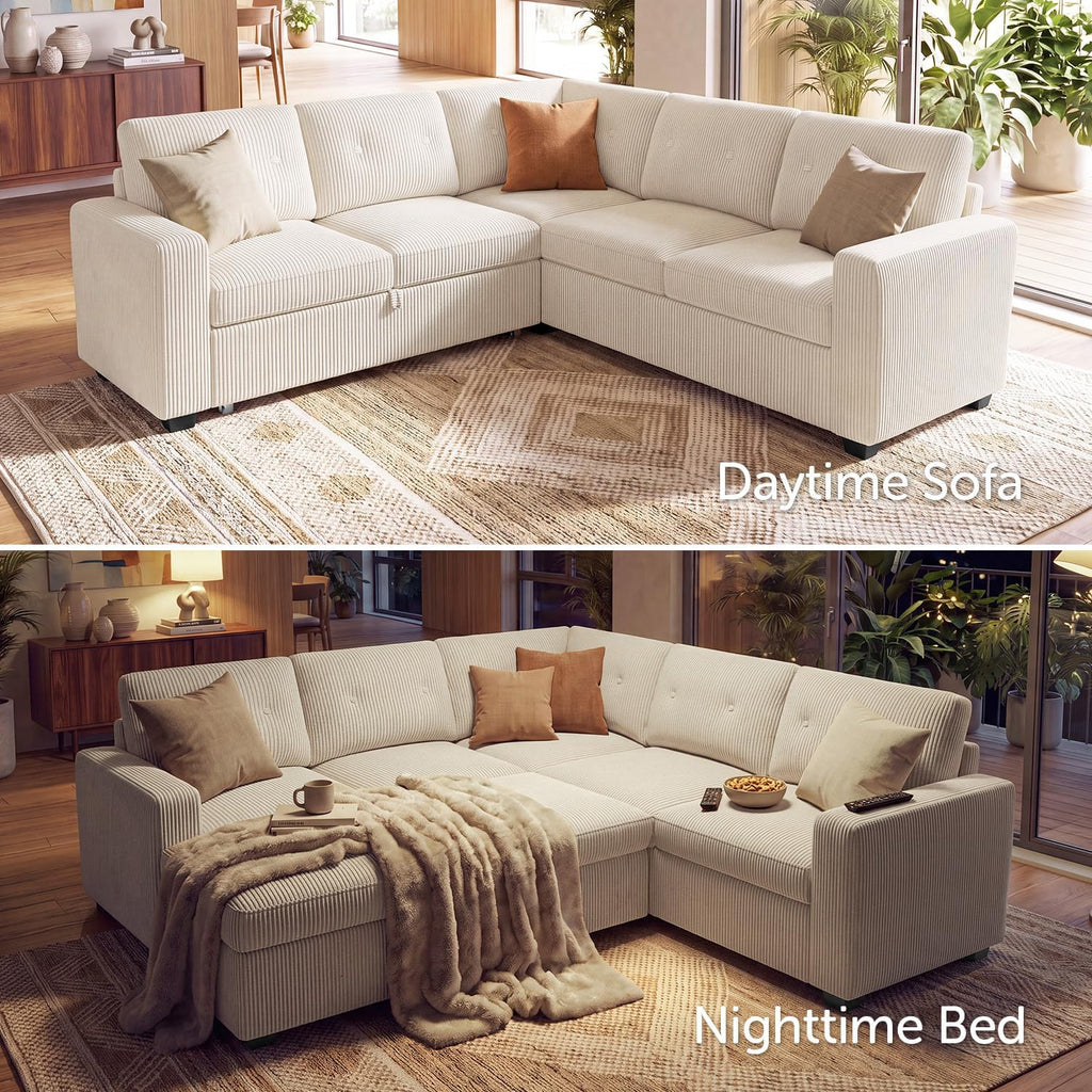 HONBAY Corduroy Sectional Sleeper Sofa with Pull Out Bed, 5 Seaters 83.4 Inch Setional Couch for Living Room Apartment, Beige
