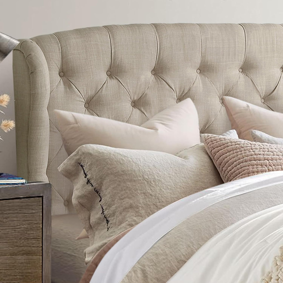 Rosevera Josie Wingback Bed/Tufted Headboard Adjustable Height Bed Frame/Fabric Upholstered Bed Frame/Wood Slat Support/Easy Assembly,Queen,Textile Beige