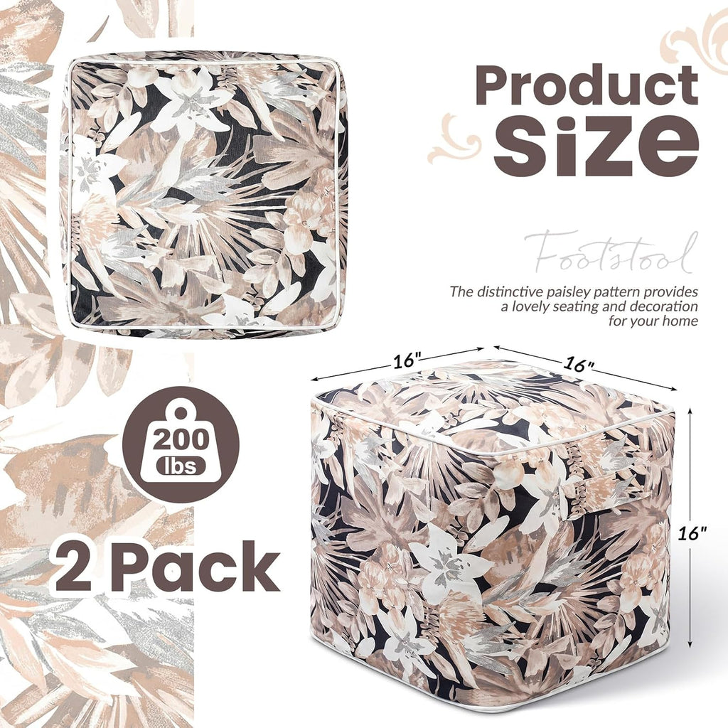 Juexica 2 Pack Inflatable Outdoor Ottoman Pouf Waterproof Cube 16" Square Blow up Ottoman Footrest with Handle Outdoor Portable Footstool for Patio Garden Camping or Home Pool(Flower,Gold)