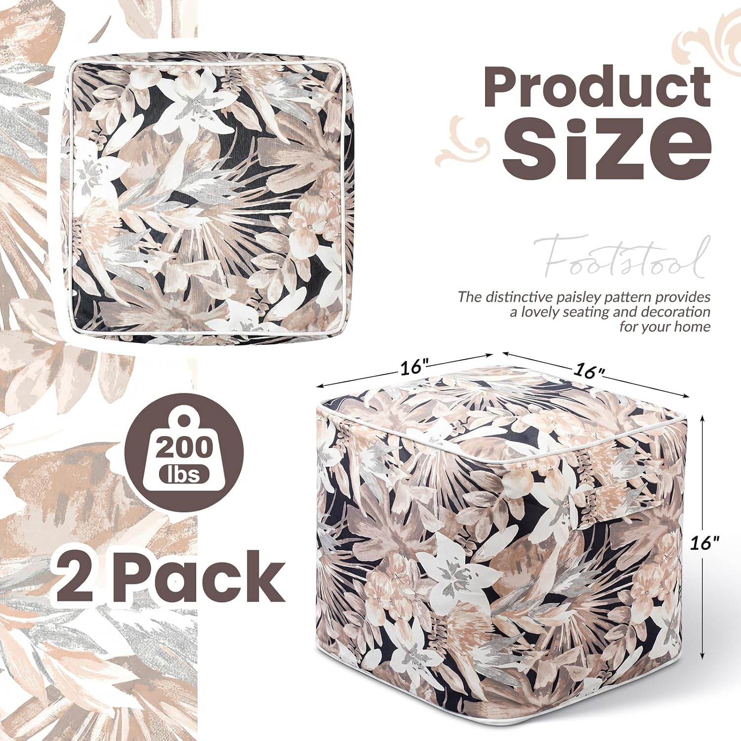 Juexica 2 Pack Inflatable Outdoor Ottoman Pouf Waterproof Cube 16" Square Blow up Ottoman Footrest with Handle Outdoor Portable Footstool for Patio Garden Camping or Home Pool(Flower,Gold)