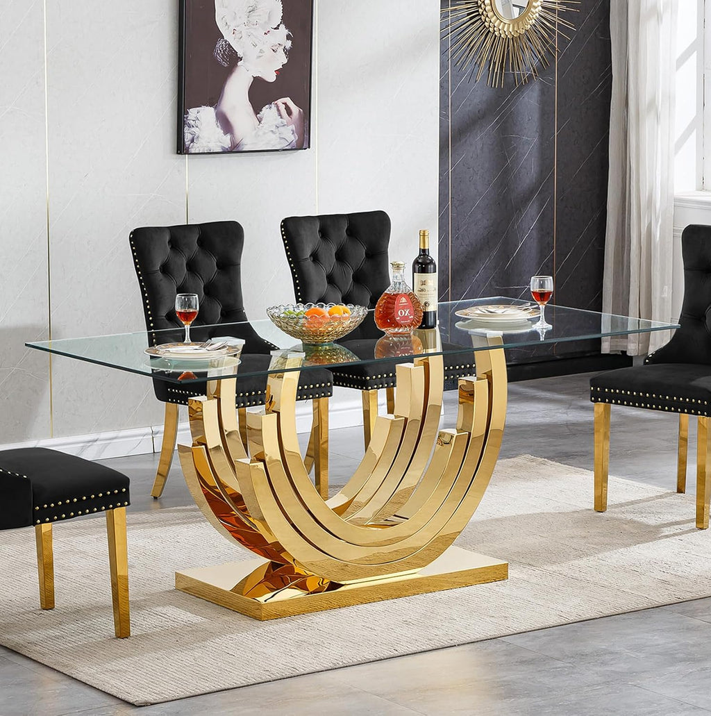 70inch Luxury Dining Table for 4 6, Modern Glass Kitchen Dining Room Table with Gold Mirrored Steel Base,Large Rectangle Tempered Glass Top Dinner Tables for Kitchen, Dining Room