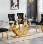 70inch Luxury Dining Table for 4 6, Modern Glass Kitchen Dining Room Table with Gold Mirrored Steel Base,Large Rectangle Tempered Glass Top Dinner Tables for Kitchen, Dining Room
