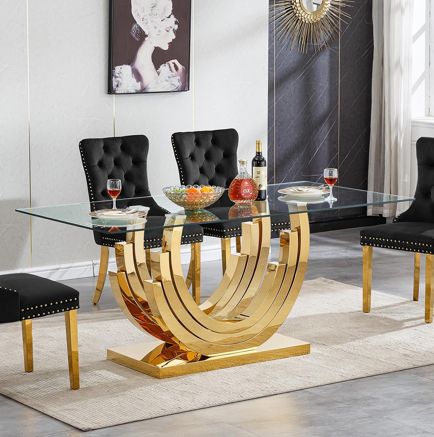 70inch Luxury Dining Table for 4 6, Modern Glass Kitchen Dining Room Table with Gold Mirrored Steel Base,Large Rectangle Tempered Glass Top Dinner Tables for Kitchen, Dining Room