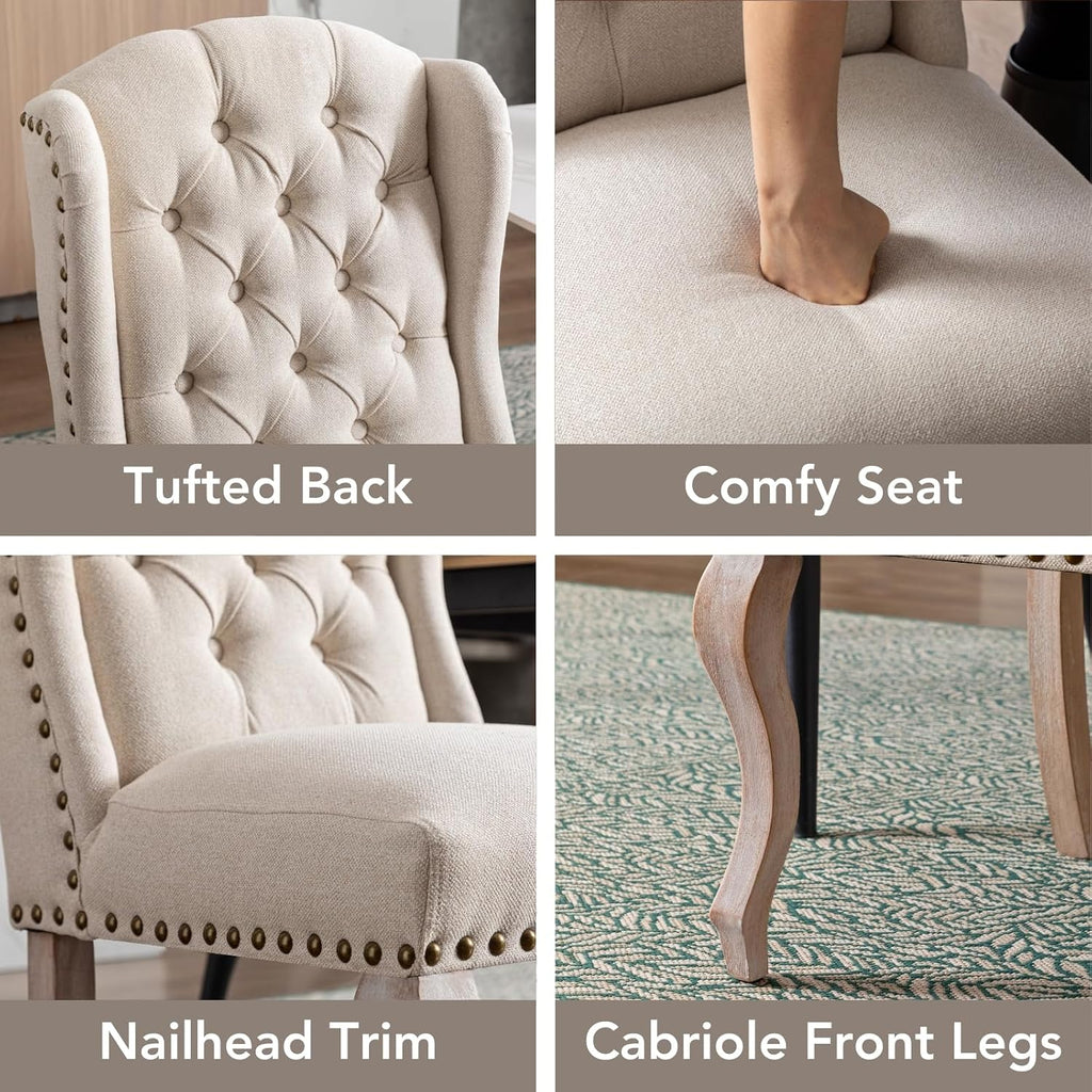chairus Tufted Parsons Dining Chairs Set of 6, French Country Upholstered Dining Room Chairs with Nailhead Trim & Curved Wood Legs, Farmhouse High Back Armless Side Kitchen Chairs, Beige Linen