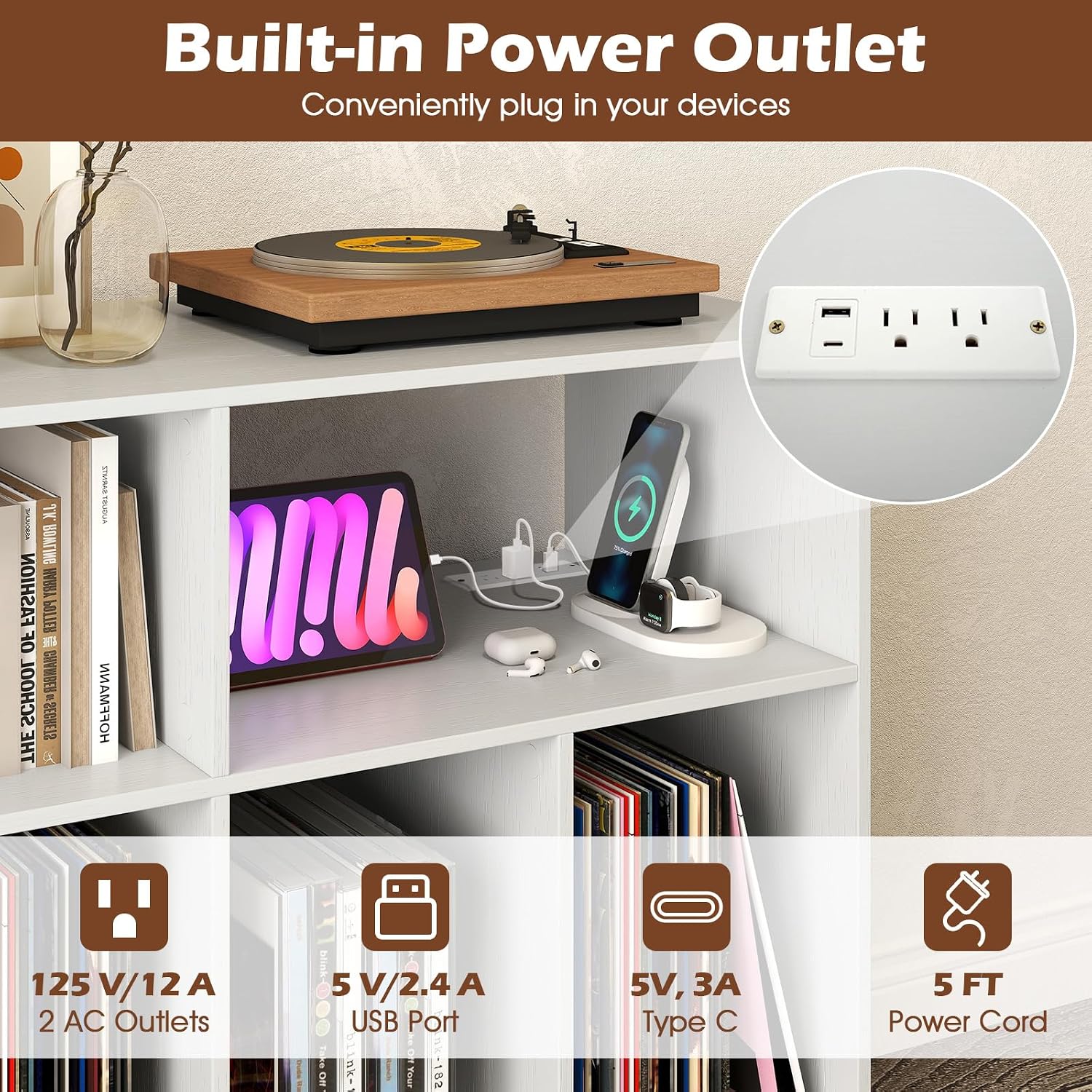 LOKO Large Record Player Stand, Vinyl Record Holder with Built-in Power Outlet, Open Shelves & Compartments, Turntable Display Stand for Living Room, Bedroom, Office (White)