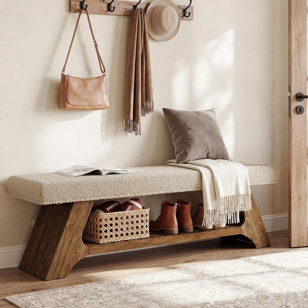 Tribesigns 55" Solid Wood Bench with Cushion and Shoe Storage, 2-Tier Upholstered Entryway Bench Farmhouse Entry Way Bench for Bedroom, Hallway, Natural Wood
