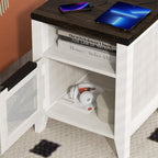VFK Farmhouse End Table with Charging Station, 18.1" Narrow Side Table for Living Room, Sofa End Table with Storage Cabinet & Open Shelf, Nightstand with 2 USB Ports and 2 AC Outlets