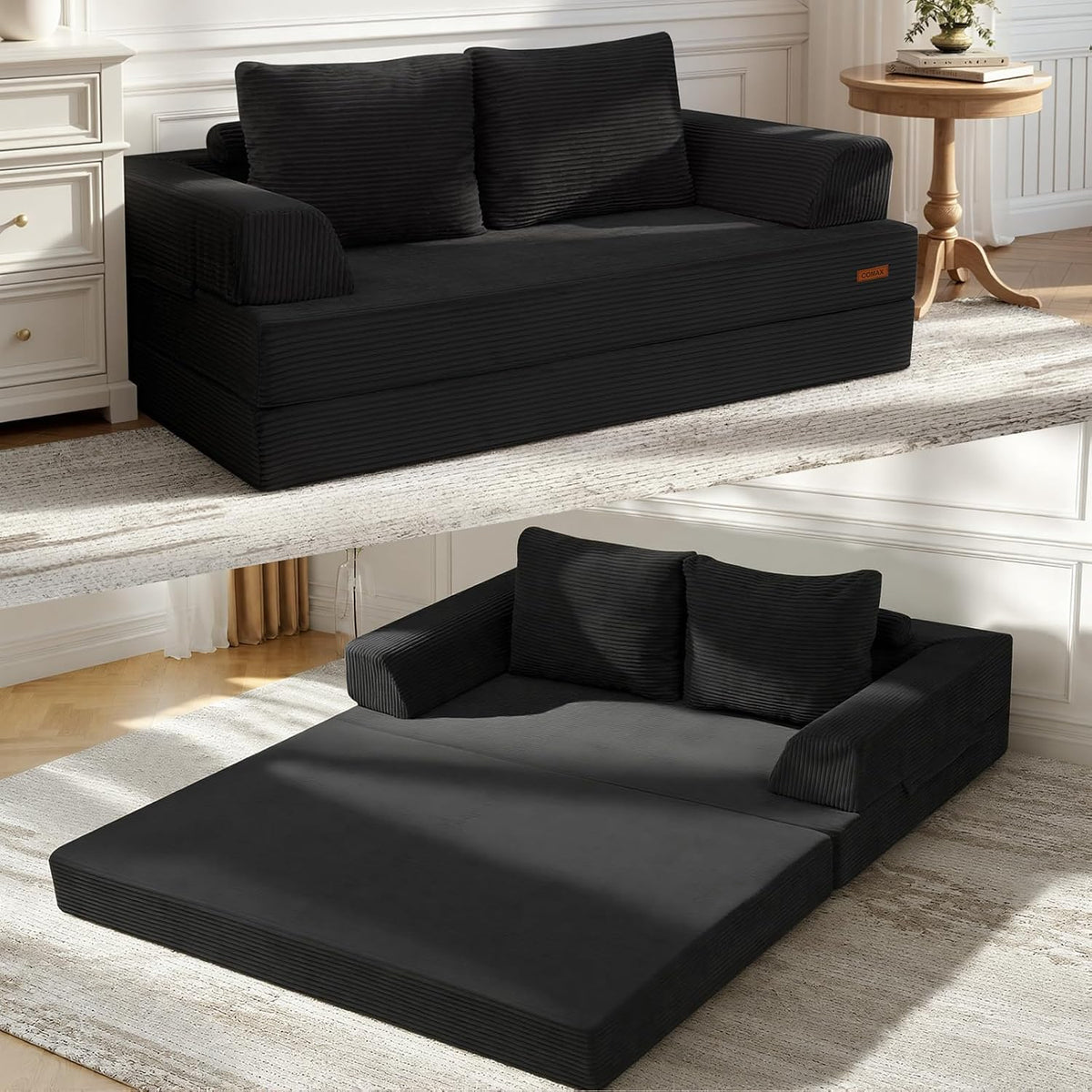COMAX Futon Sofa Bed, Convertible Sofa Bed, Folding Couches | Low-Profile Couch for Living Room, 11.8" H Low Seat Small 59" Foldable Floor Sleeper Lounge Space‑Saving