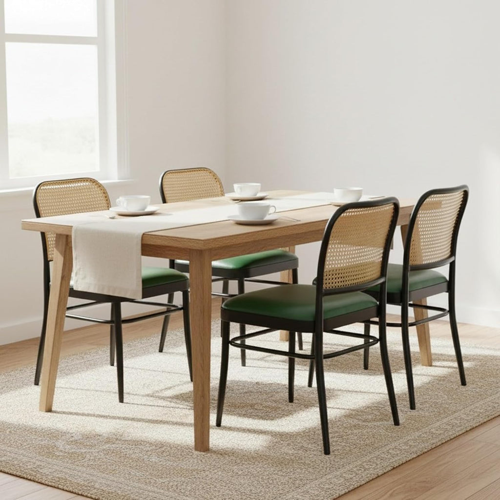 Rattan Dining Chairs Set of 4, Mid-Century Modern, Green | Cane Back Design, Faux Leather Upholstery, Boho Style, Comfortable Padded Seat, 350 LBS Weight Capacity