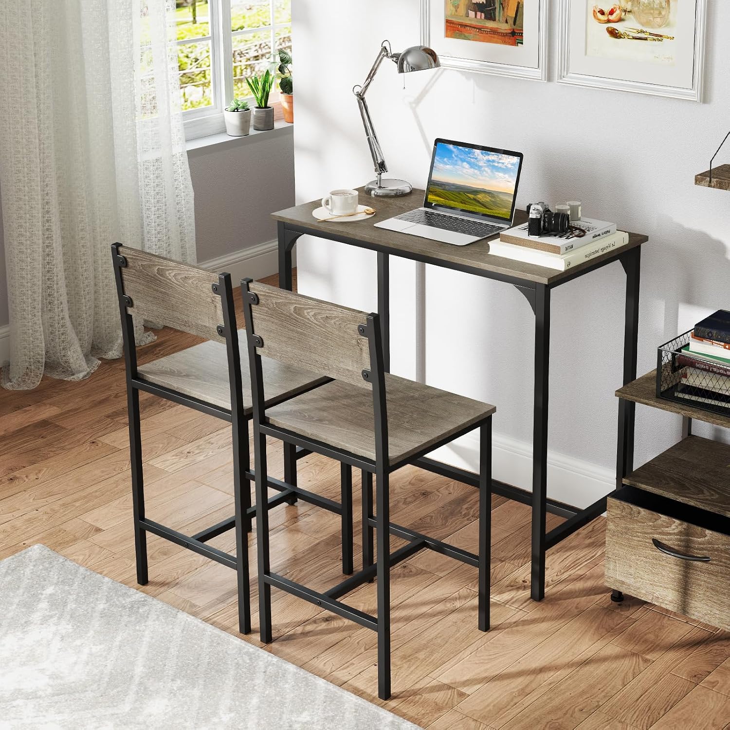 GOFLAME 3-Piece Bar Table Set, Counter Height Pub Table & 2 Barstools with Metal Frame, Industrial Space Saving Dining Set for Kitchen, Dining Room, Bistro, Restaurant, Small Space, Grey