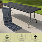 8ft Folding Table, Portable Heavy Duty Plastic Fold-in-Half Utility Table for Indoor/Outdoor Use, Dining, Camping, Picnic, Party, Black Woodgrain