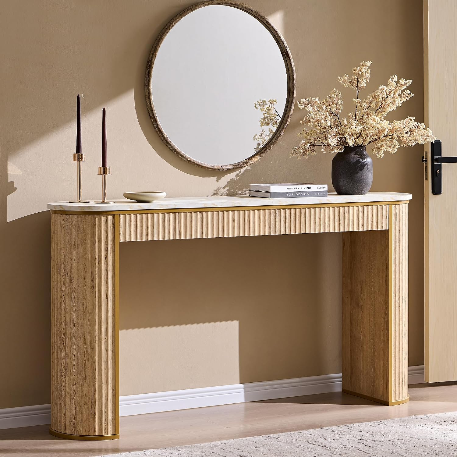 OKD 63-Inch Fluted Console Table, Narrow Entryway Table, Natural Oak
