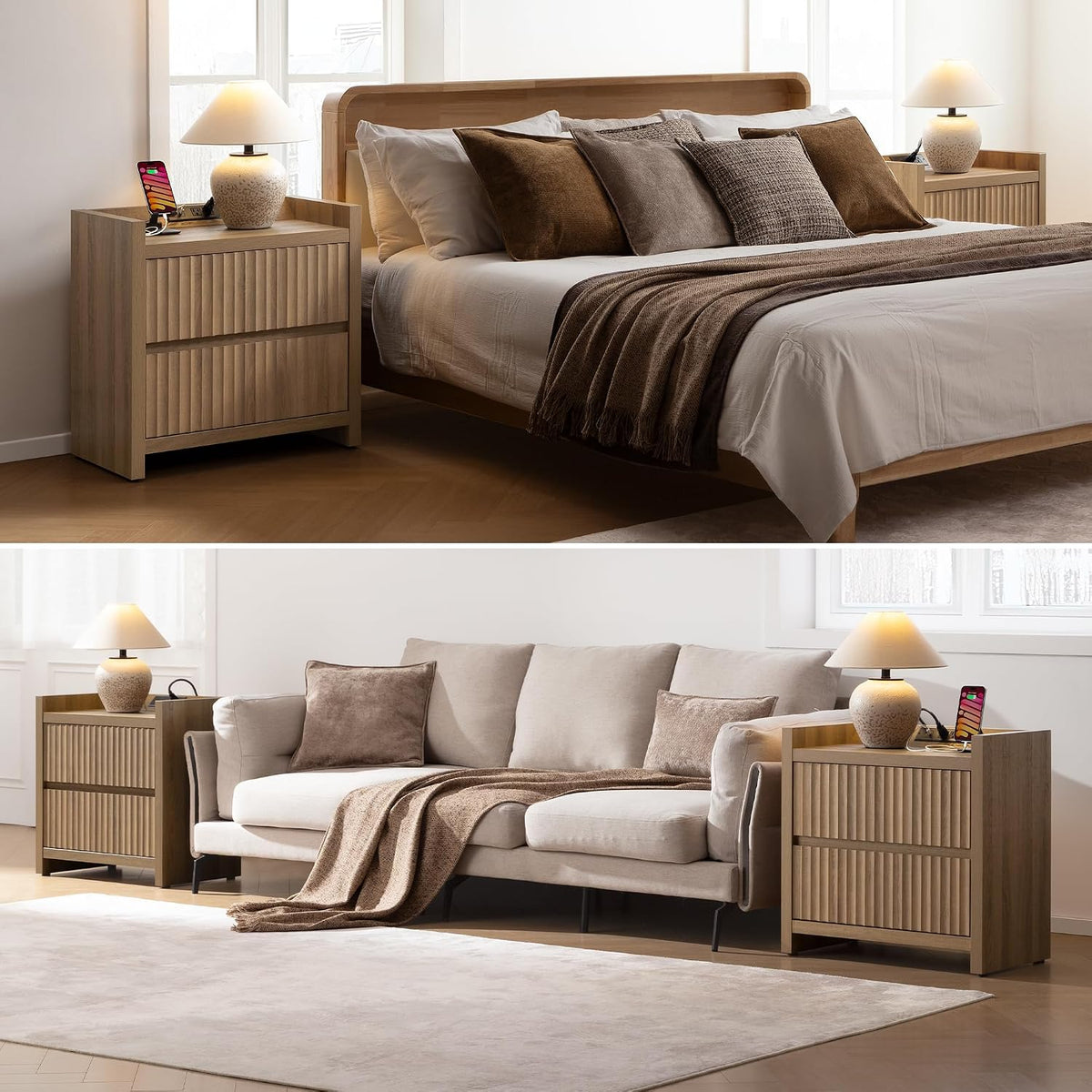SICOTAS Night Stand Set 2 with Charging Station, Fluted Nightstands | Large Modern Nightstand with 2 Drawers for Bedroom, 25.4" Wide Bedside Table End Side Table for Sofa Side, Caramel Oak