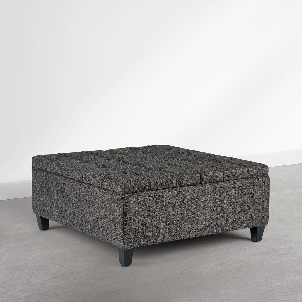 SIMPLIHOME Harrison Coffee Table Storage Ottoman - 36 inch Wide Upholstered Tweed Look Fabric Square Ottoman in Warm Dark Charcoal Melange, Transitional Ottoman for Living Room with Split Lift-Up Lid
