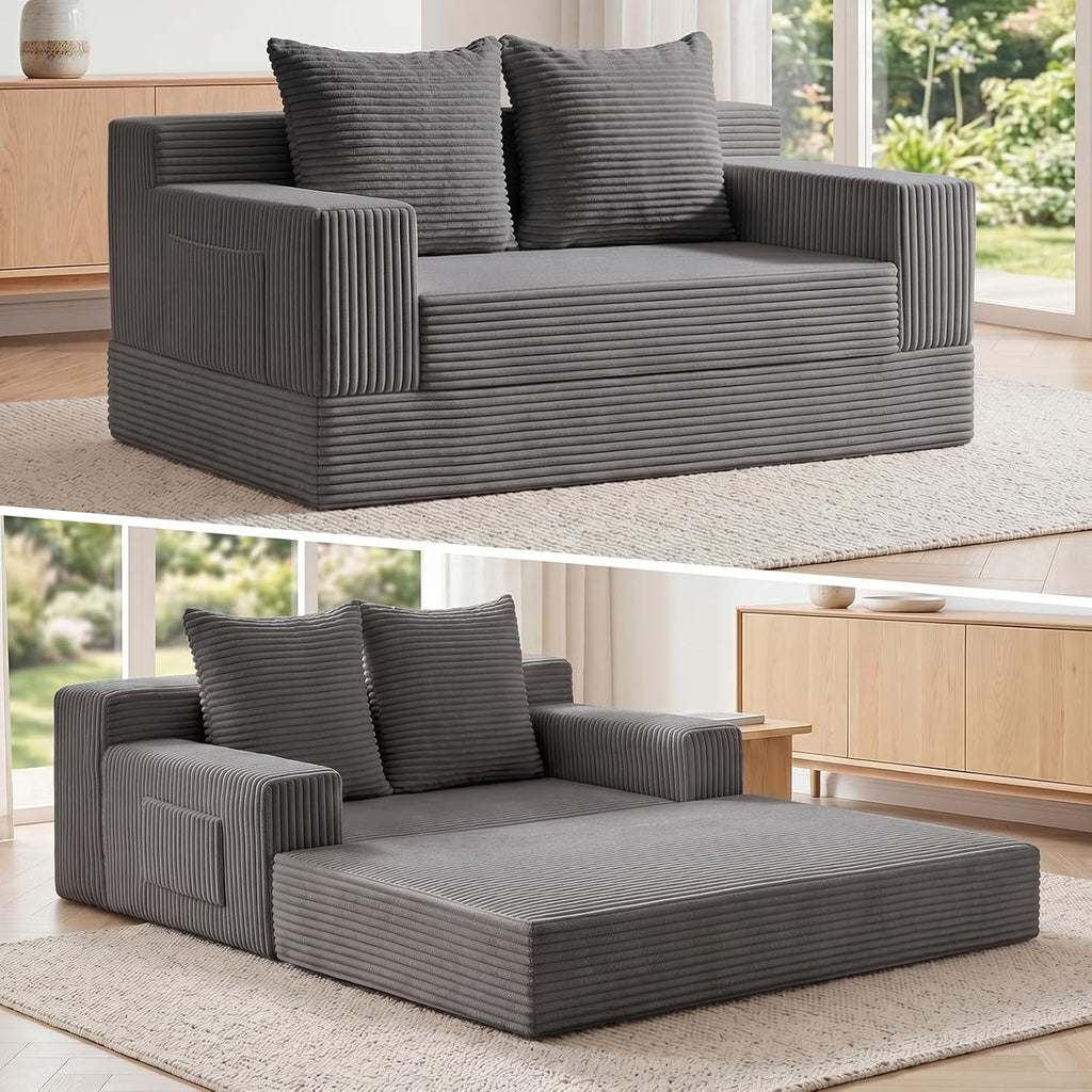Loveseat Small Couch Bed, Futon Sleeper Sofa Bed,Convertible Pull Out Couch with 2 Pillows,Corduroy Folding Floor Couch for Living Room,No Assembly Required,Grey