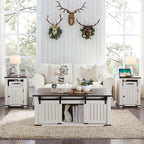 Farmhouse Night Stands Set of 2, 20" End Table w/Charging Station, Rustic Wood Bedside Table w/Groove Barn Door, Side Table with Storage w/Open & Adjustable Shelf for Bedroom, Living Room (White)