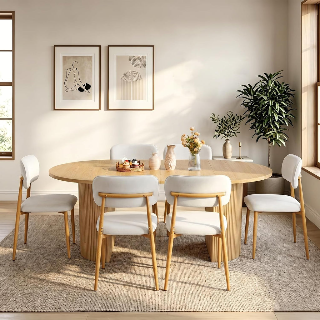 weselon Mid-Century Modern Dining Chairs Set of 4, Upholstered Velvet Dining Room Chairs with Ergonomic Curved Backrest, Wood Grain Metal Frame with Adjustable Feet (Natural Frame+Gray White Seat, 4)