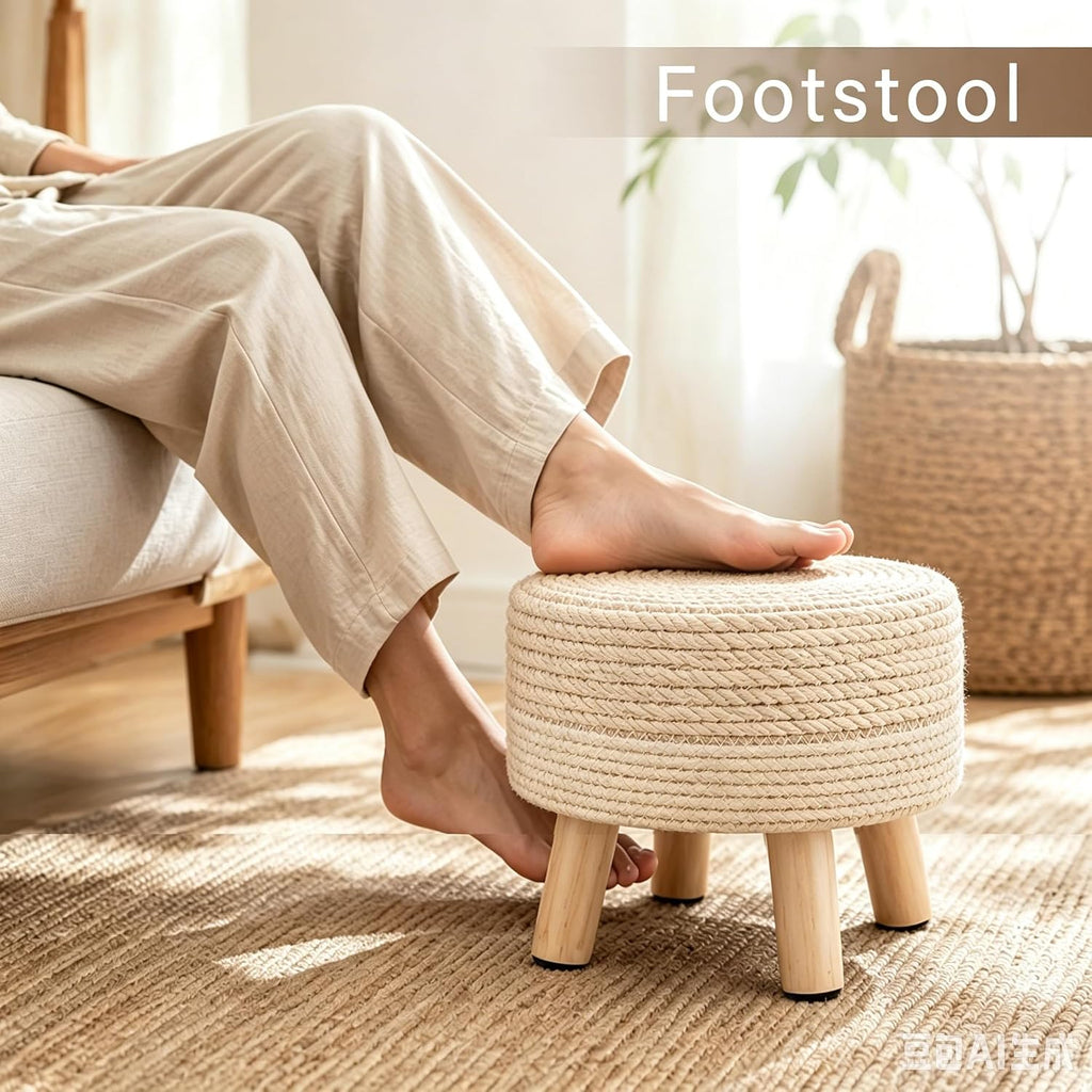 Wimarsbon Round Foot Stool Natural Seagrass Poufs Ottoman Hand Weave Footrest Stool for Couch Desk Extra Seat Step Stool with Solid Wood Legs for Hallway Patio Lounge Natural