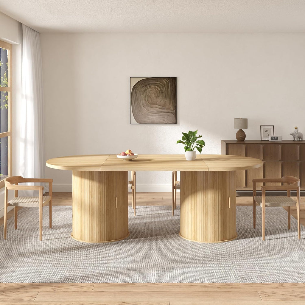AMERLIFE 86.6" Modern Oval Dining Table with Hidden Storage, Extra Long Wooden Dining Room Table with Cylindrical Fluted Base, Seats 6-8, Natural Wood