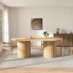 AMERLIFE 86.6" Modern Oval Dining Table with Hidden Storage, Extra Long Wooden Dining Room Table with Cylindrical Fluted Base, Seats 6-8, Natural Wood
