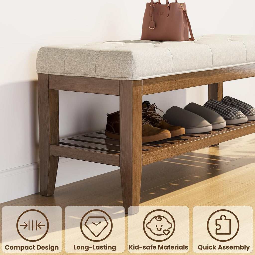 REONEY 43" End of Bed Bench, Upholstered Bedroom Storage Ottoman Bench, Entryway Shoe Bench, Padded Window Seat with Solid Wood Legs, for Living Room, Hallway, Beige Linen