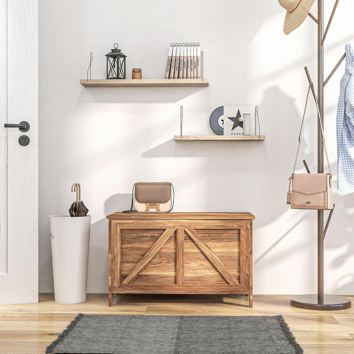 HOMCOM 30" Farmhouse Storage Bench Lift Top Storage Chest in Brown Oak | Safety Hinge, Open Up 100°, Wooden Trunk, Bedroom, Entryway, Living Room