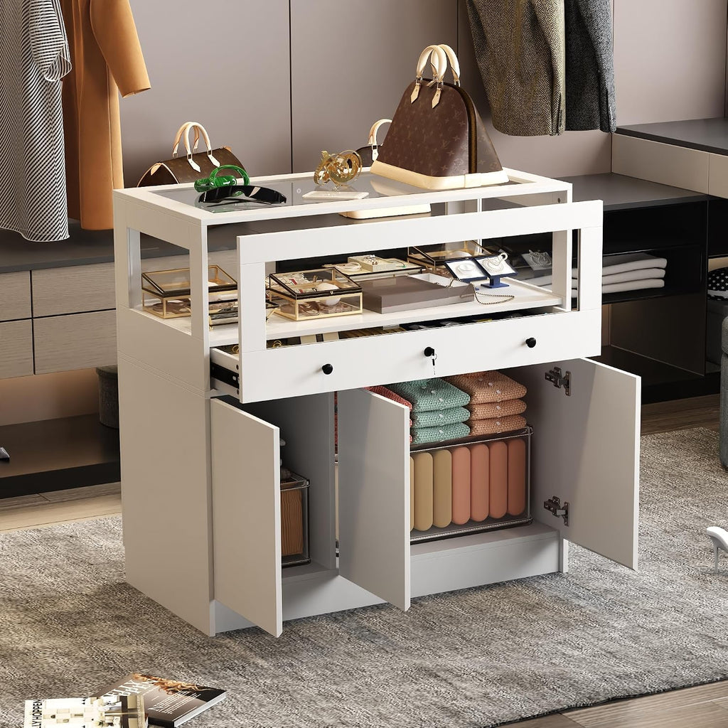 Homsee Wardrobe Armoire Closet with Lock, Walk-in Closet Island Dresser with Glass Showcase, Drawers & Doors, Modern Storage Display Cabinet for Bedroom, Fitting Room & Shops, White
