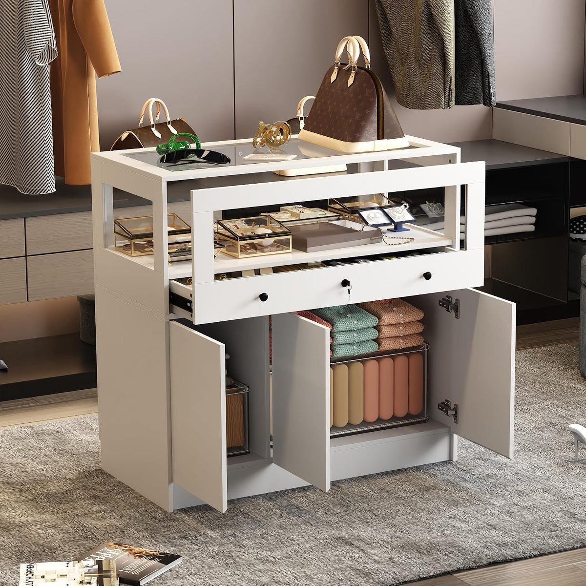 Homsee Wardrobe Armoire Closet with Lock, Walk-in Closet Island Dresser with Glass Showcase, Drawers & Doors, Modern Storage Display Cabinet for Bedroom, Fitting Room & Shops, White